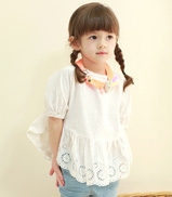 新款韓版女童棉麻短袖圓領(lǐng)花邊T恤